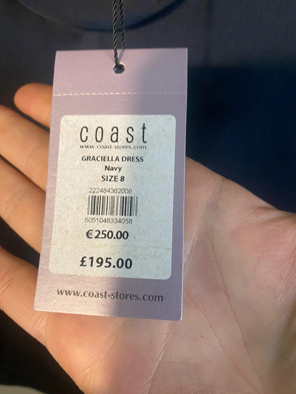 Absolutely stunning Coast New Graciella Dress backless Diamante strap Uk8!Navy KR002