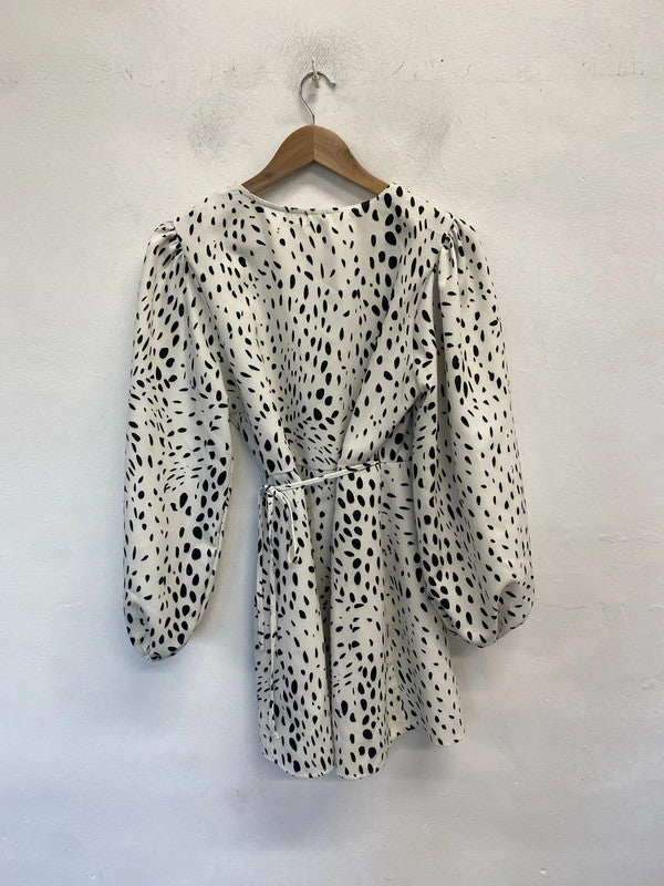 Lovely glamorous black white spotted midi wrap dress UK 12 LB004