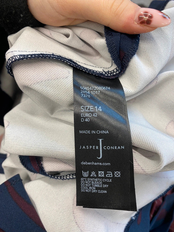 Stunning Jasper Conran navy burgundy pattern midi tie waist dress UK 14 MD002