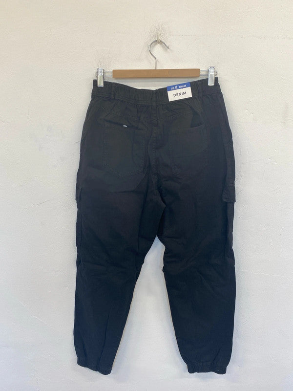 New Look Trendy Black Denim Cargo Trousers UK 12 AO001