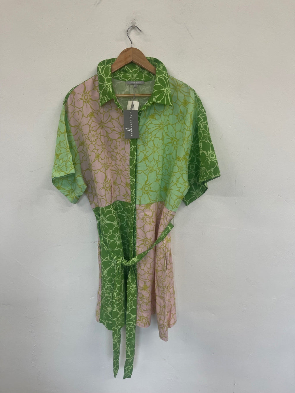 Stunning Oliver Bonas floral mini Dress Uk16 Pink&  Green DM561