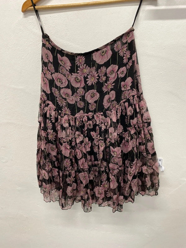 LK Bennett romantic Pure Silk floral tiered skirt mauve & black Uk10 SN002