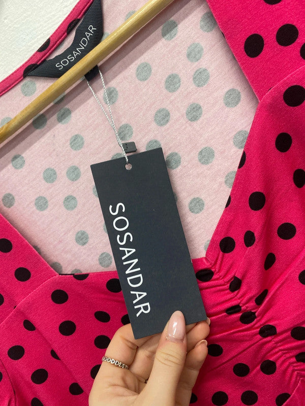 Stunning sosander pink polka ruffle midi dress nwt UK 14 LW005