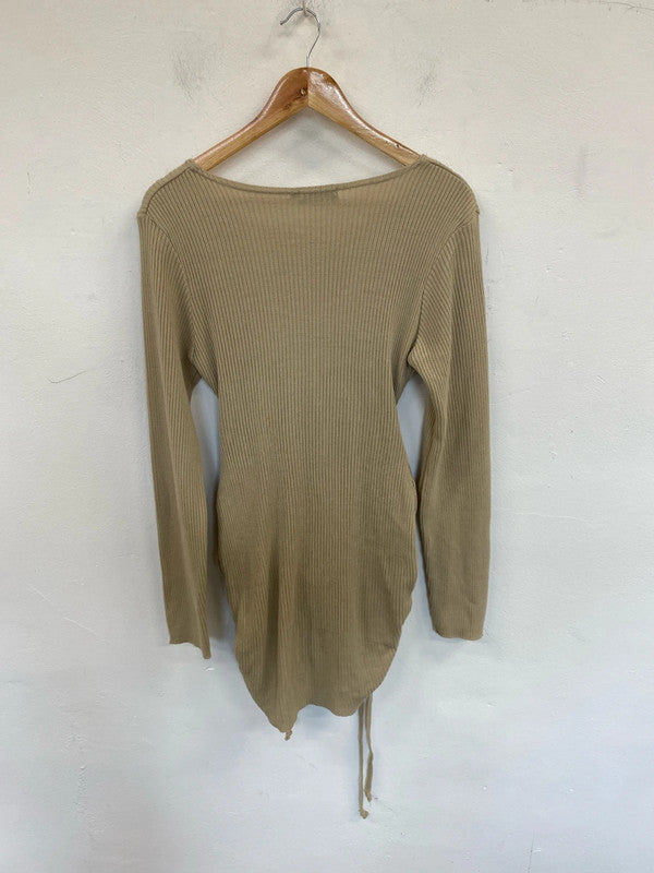 Pretty Little Thing Stylish Sand Ribbed Ruched Mini Dress Size M PJ001