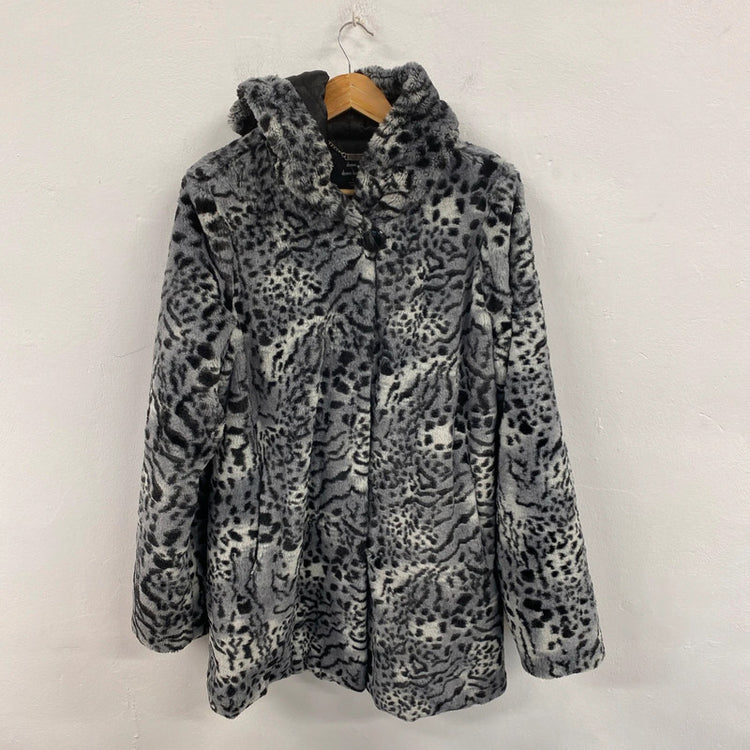 Dennis Basso Snow Leopard Grey Faux Fur Coat Size S AW002