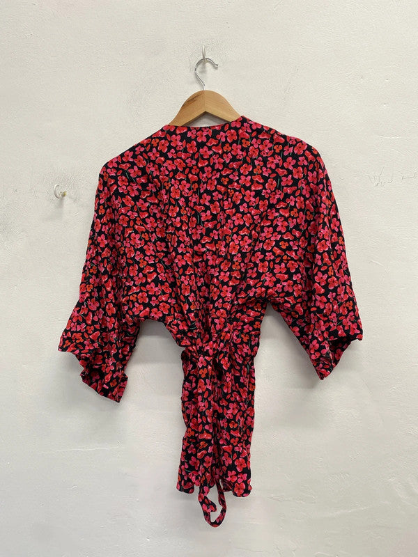 Fabulous river island black pink floral wrap blouse UK S KM004