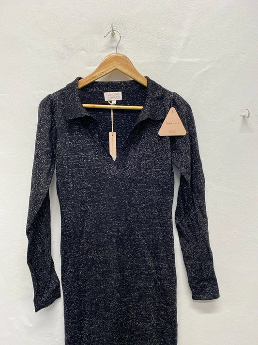 Stunning dancing leopard black metallic yarn long sleeve midi dress plat UK 10 KS002