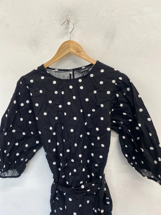 Gorgeous black spotted belted midi smock dress new look UK 16 LB010