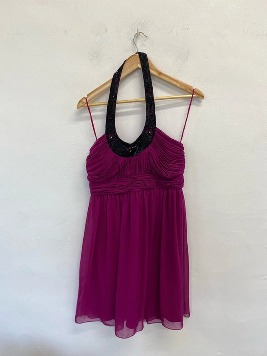 Mikael Aghal Womens Beaded Pleated Halter Neck Mini Gown Fuschia UK 10 KN003