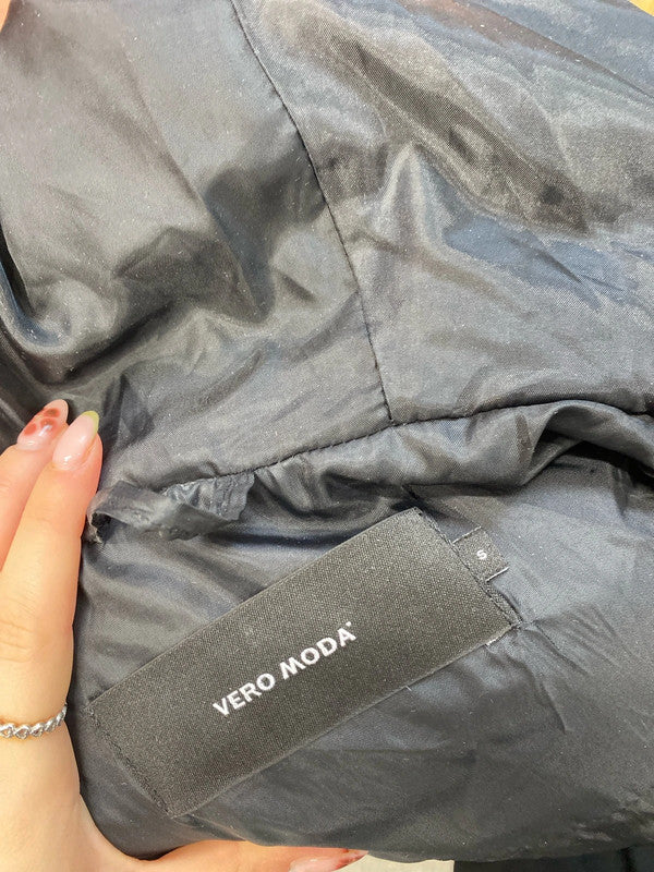 Lovely Vero Moda black puffer belted hooded faux fur midi jacket UK S JH001