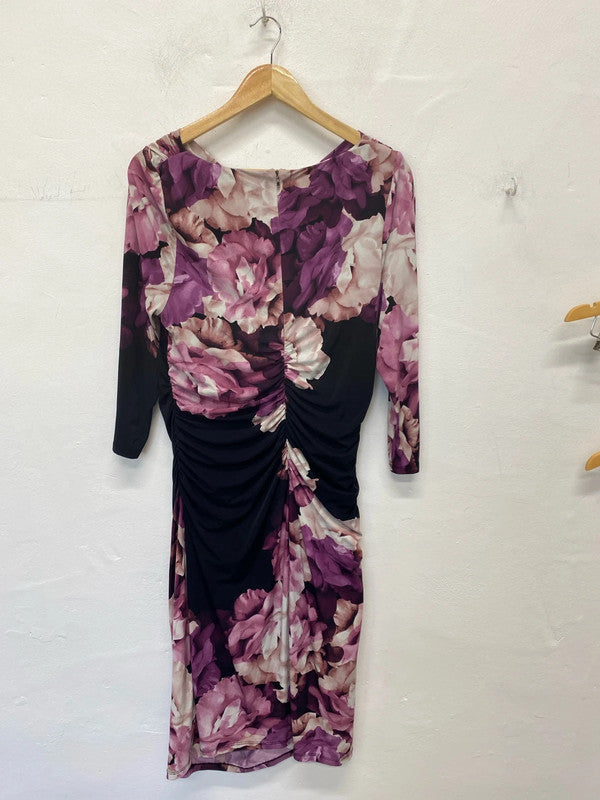 Phase Eight Gorgeous Purple & Black Rose Ruched Midi Dress UK 16 KM005