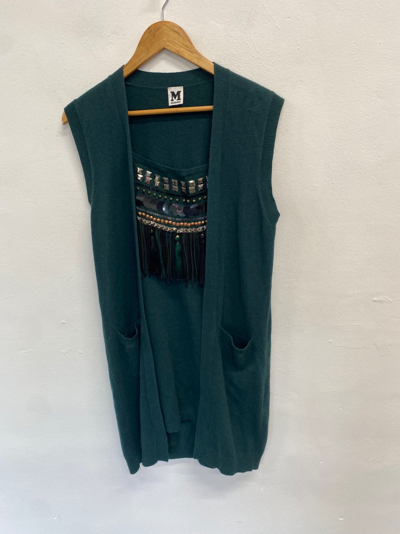 Fabulous Missoni Tunic boho Dress UK 12 Dark Green tassel GM143
