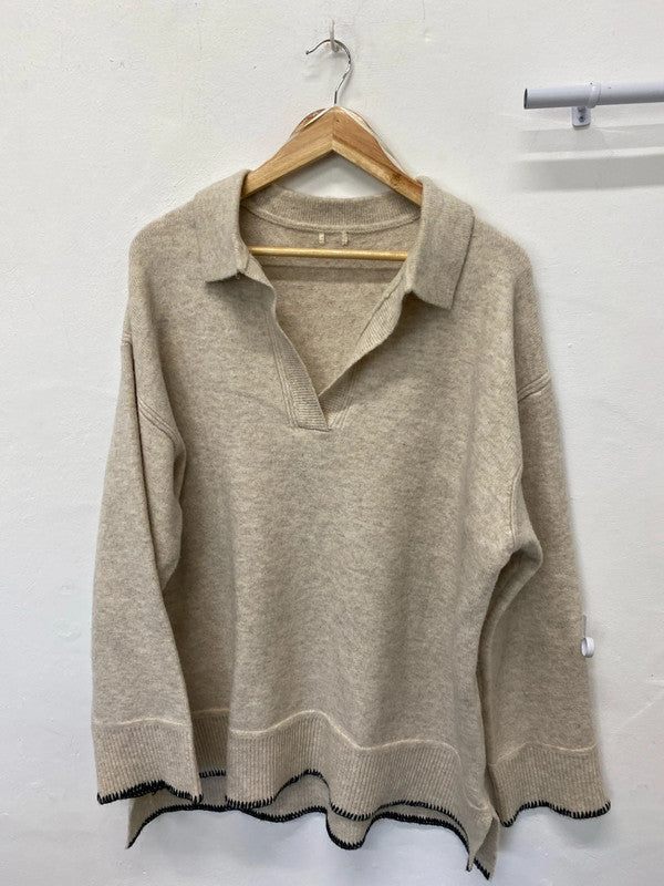 Fabulous oversized tunic jumper dress UkL cream black details LG006