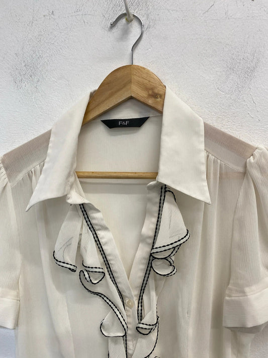 Stunning F&F cream semi sheer black frill blouse UK 10 KA001