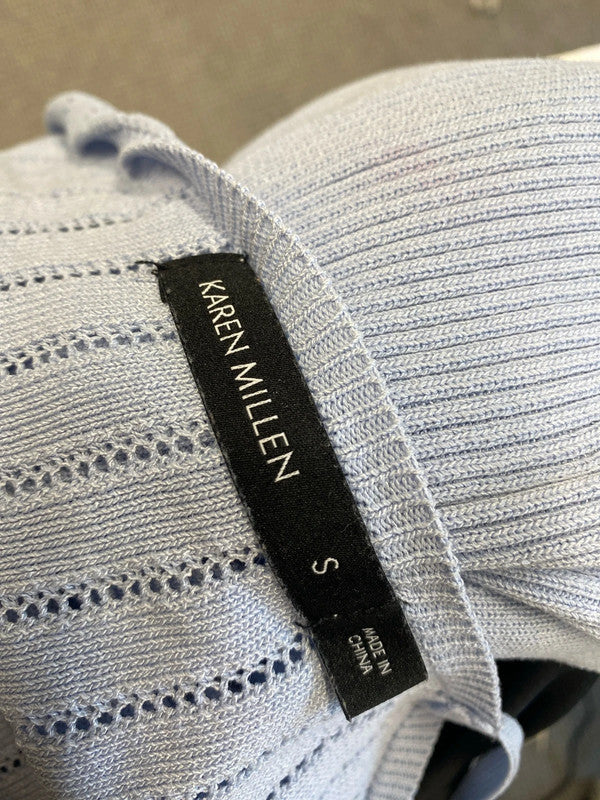 Lovely Karen Millen blue crochet low bust belted top UK S JM005