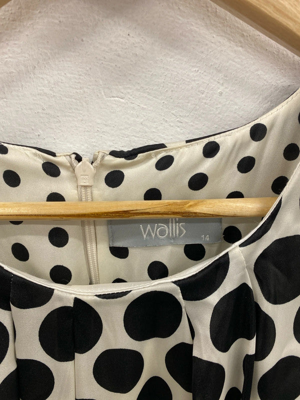 Wallis Elegant Cream & Black Polkadot Satin Belted Midi Dress UK 14 FR001